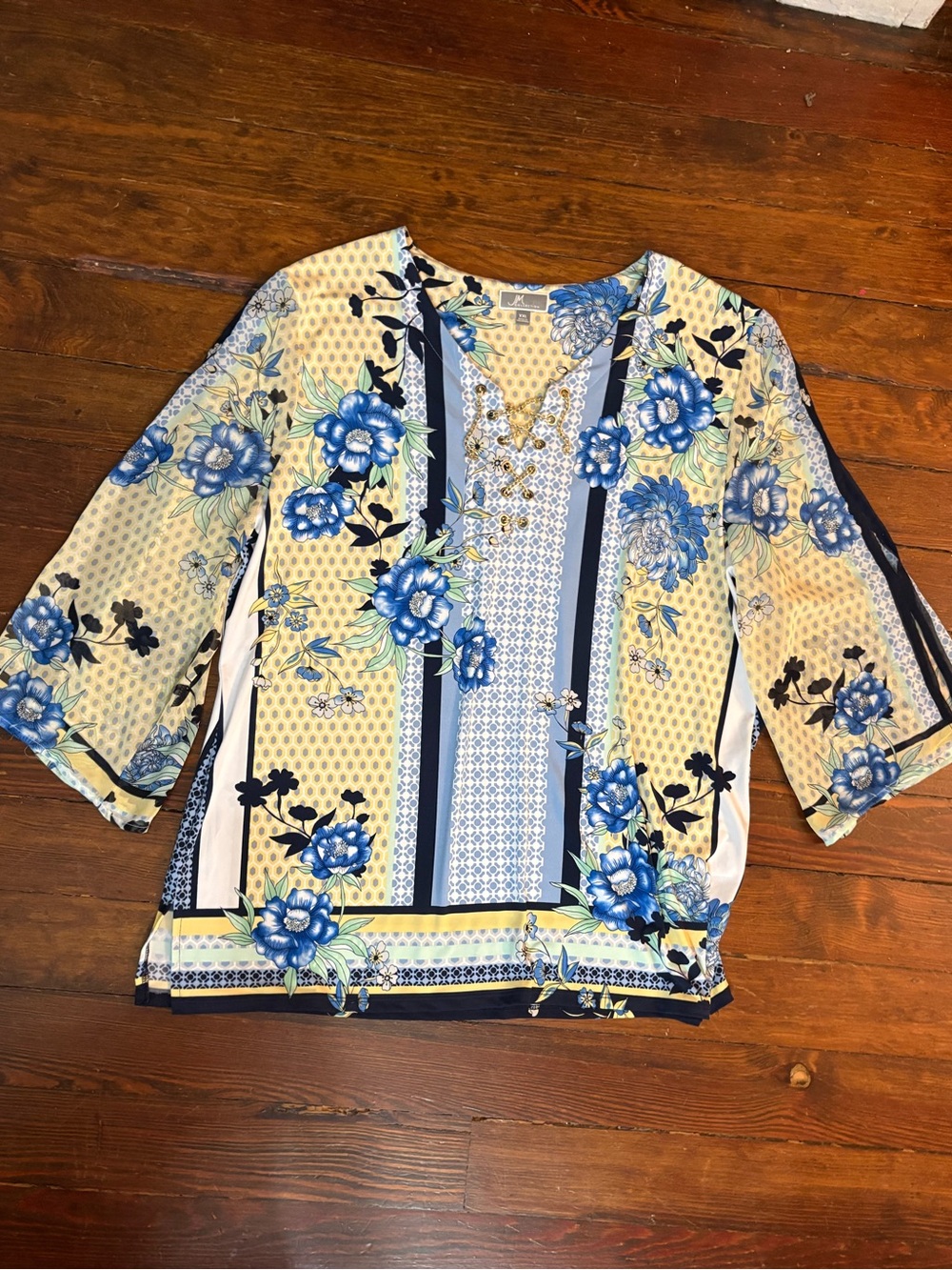 JM Collection yellow blue floral flowy blouse top size XXL